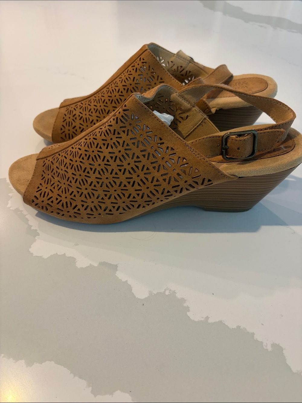 Women's Size 9 Tan Perforated Wedge Slingback Sandals